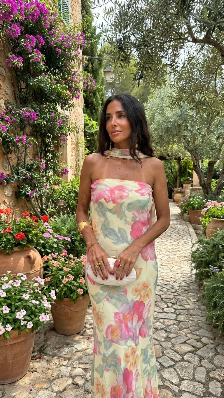 Axelbandslös långklänning med blommigt akvarellmönster