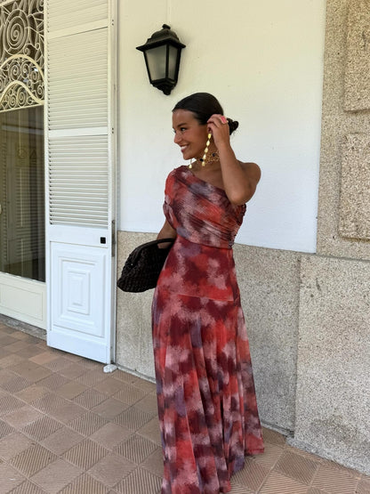 Akvarellmönstrad Långklänning Med Off Shoulder