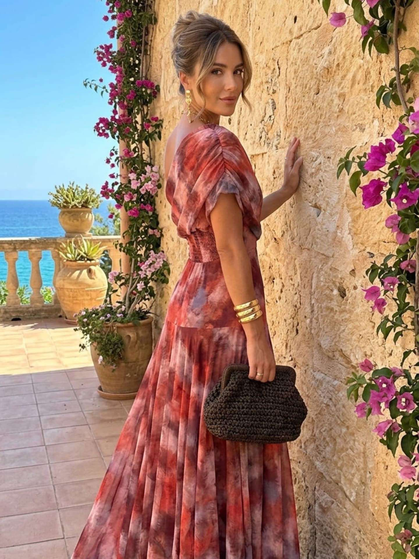 Akvarellmönstrad Långklänning Med Off Shoulder