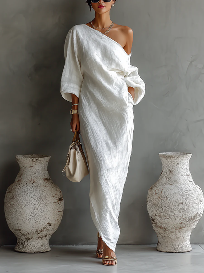 Kristina| Elegant Vit Maxi-klänning med En Axel