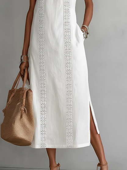 Jimena | Vestido midi de lino con cuello mao